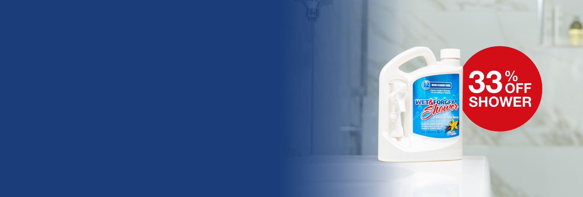 Shower cleaner bottle with a discount label on a blurred shower background