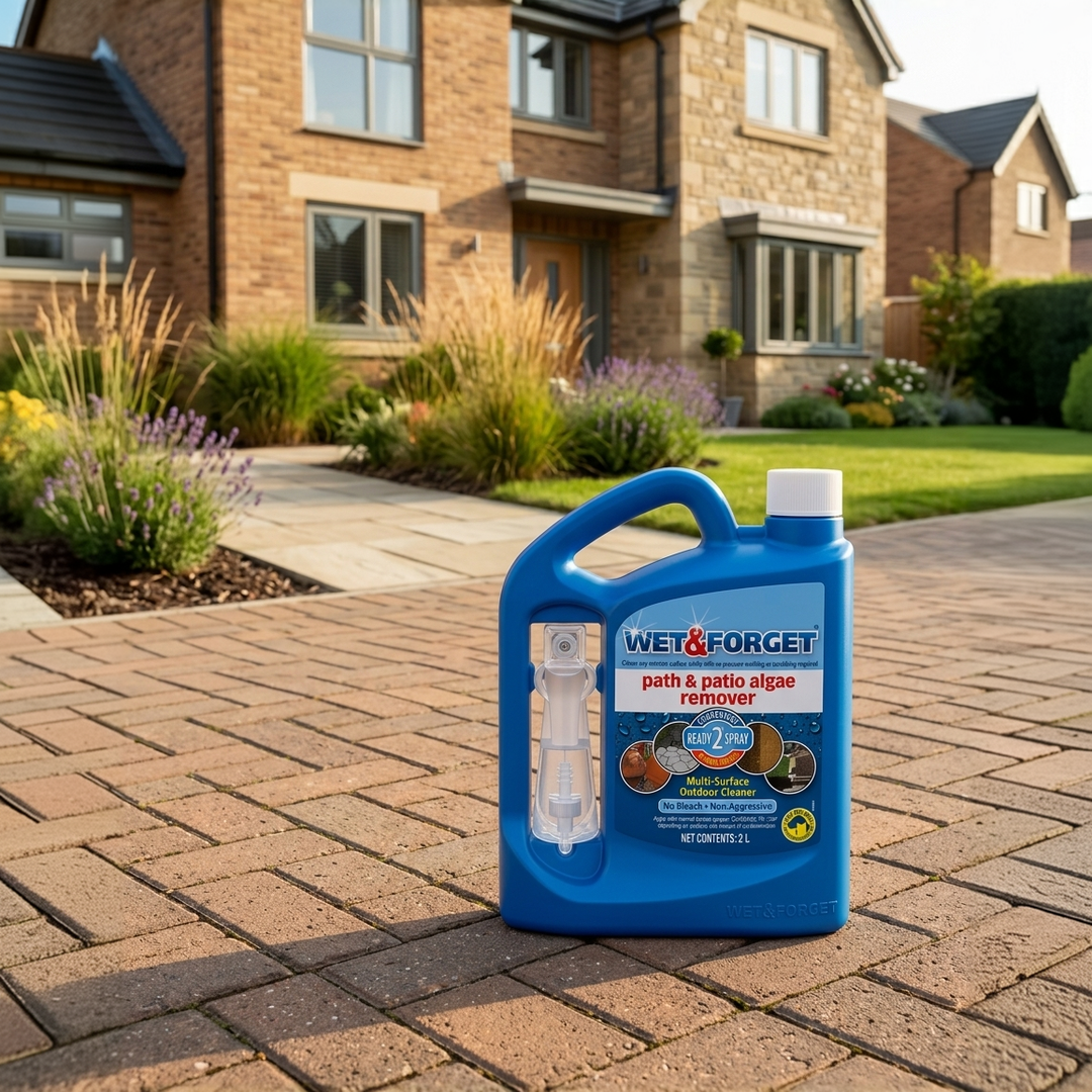 A blue bottle of Wet & Forget Path & Patio Algae Remover stands on a brick patio in front of a suburban house.